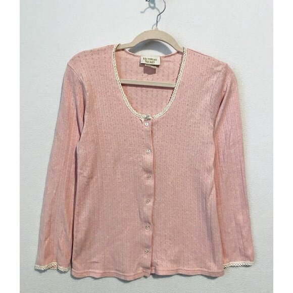 Victorias Secret Knit Cardigan Womens Medium Pink Pointelle Crochet Trim Barbie - Picture 1 of 6